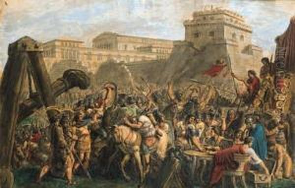 Des Soldats Romains Partageant 
Le Butin Devant Les Murailles Dejerusalem; Et Le Siege De Jerusalem Par 
Titus: Des Soldats Romainstirant Les Prisonniers Vers Leur Martyre 
Devant Les Murailles Dejerusalem Oil Painting by Jacques Gamelin