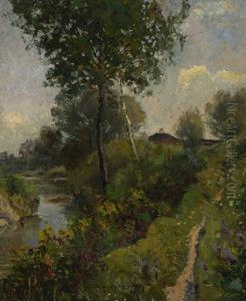 Sommerliche
 Bachlandschaft. Oil Painting by Otto Gampert