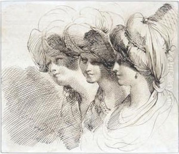 Studies Of Three Women In Elaborate Turbans Head And Shoulders Oil Painting by Mauro Gandolfi