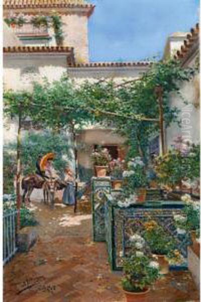 Patio Sevillano (a Courtyard In Seville) Oil Painting by Manuel Garcia y Rodriguez