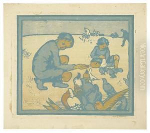 Children Feeding Pigeons. Oil Painting by Eliza Draper Gardiner