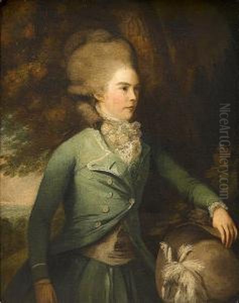 Portrait Of A Lady, Said To Be 
The Duchess Of Bedford, Standing Three-quarter-length, In A Green Coat 
And Skirt With A White Lace Chemise, Holding A Hat Oil Painting by Daniel Gardner