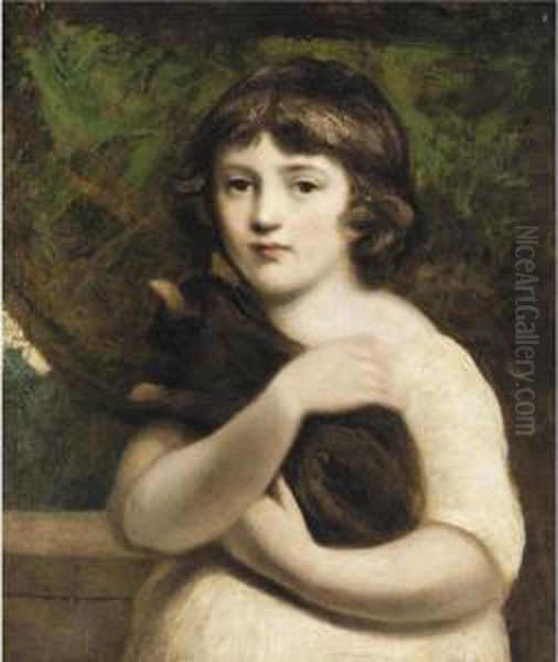 Portrait Of A Young Girl Half 
Length, Standing, Wearing A White Dress And Holding A Cat In Her Arms Oil Painting by Daniel Gardner