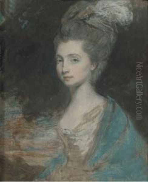 Portrait Of A Lady, Half-length,
 In White Dress And Blue Shawl, With Feathers In Her Upswept Hair Oil Painting by Daniel Gardner