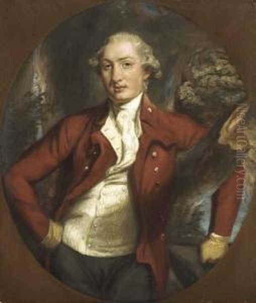 Portrait Of A Gentleman, 
Half-length, In A Brown Coat, Holding A Hat, In A Wooded Landscape, 
Feigned Oval Oil Painting by Daniel Gardner