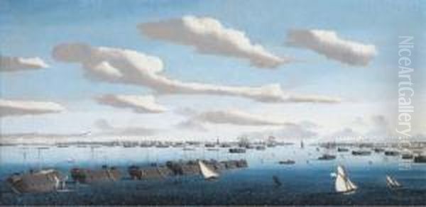 A Panorama Of Portsmouth Harbour
 With Hulks In Line Ahead And The Fleet At Anchor, Including Warships Of
 The American And Spanish Navies Oil Painting by Ambroise-Louis Garneray