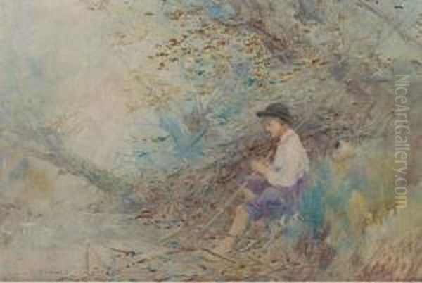 A Young Boy Seated Beside A Stream Oil Painting by Oswald Garside