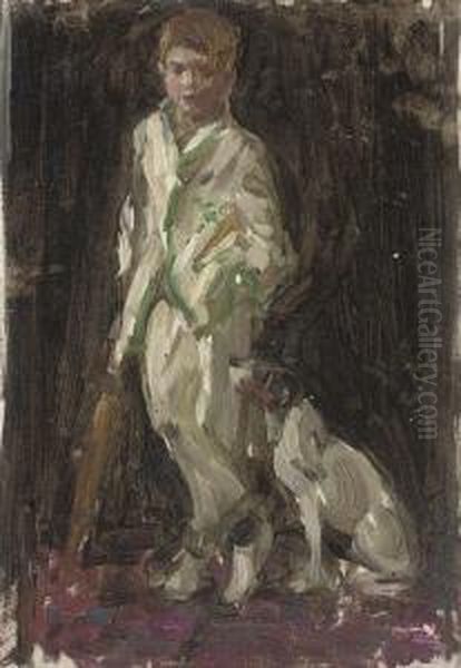 Study Of Young Boy, 
Traditionally Identified As The Artist's Son,in Cricket Whites, A Bat In
 His Right Hand, And A Dog By Hisside Oil Painting by Norman Garstin