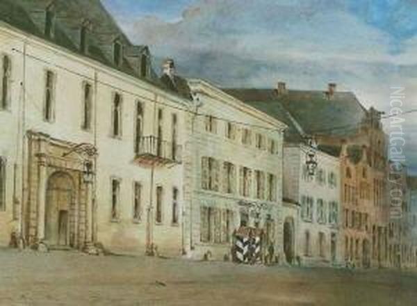 Strase Mit Schmalen 
Giebelhausern Und Krantor, Daneben Zwei Schilderhauser Mit Den 
Preussischen Farben Oil Painting by Eduard Gartner