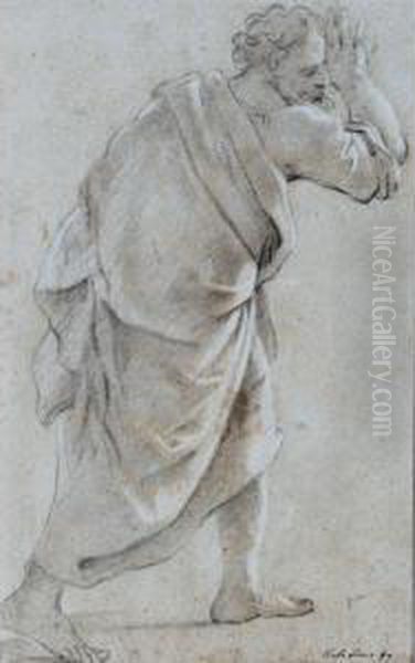 Recto: A Standing Draped Man, 
Turned To The Right With One Arm Raised; Verso: A Partial Study Of A 
Standing Male Nude Holding A Baton, His Right Arm And Right Leg Raised Oil Painting by Luigi Garzi