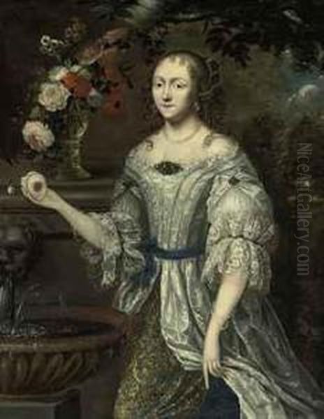 Portrait Of A Lady Traditionally
 Identified As Madame Ninon Delenclos (1620-1705), Three-quarter-length,
 In A Lace-trimmed Blueand Gray Dress, With Roses, Narcissi And Other 
Flowers In A Roemeron A Ledge, Beside A Classical Fountain Oil Painting by Henri Gascard