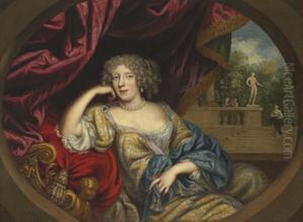 Portrait Of A Lady, Seated 
Three-quarter-length, In A White Andgold Gown With A Blue Robe, A Garden
 Beyond Oil Painting by Henri Gascard