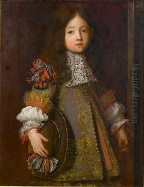 Portrait Of A Young Boy 
Three-quarter-length,in Grey Embroidered Costume Decorated With Ribbons,
 A White Lacejabot And Holding A Black Ribboned Hat Oil Painting by Henri Gascard