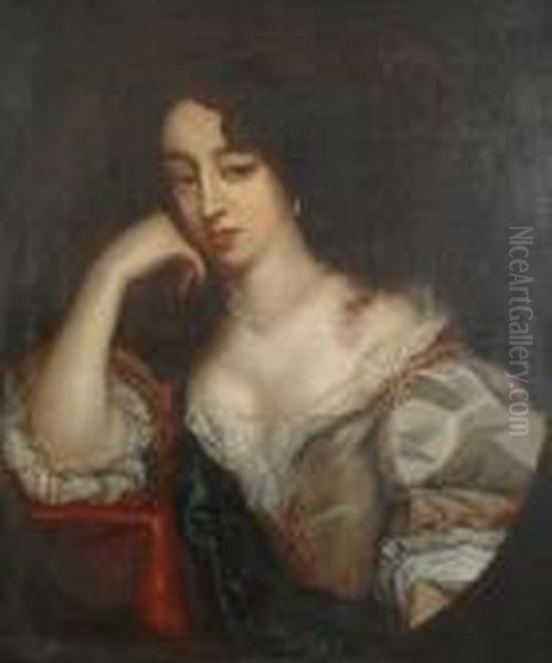 Portrait Of A Lady, Half-length,
 In A Gold Satin Dress With Lace Trim And A Blue Wrap, Leaning On A 
Draped Table, In A Painted Oval Oil Painting by Henri Gascard