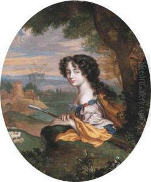 Portrait Of A Lady As A 
Shepherdess Holding A Hoe, Her Sheep And Afortified Dwelling Beyond Oil Painting by Henri Gascard