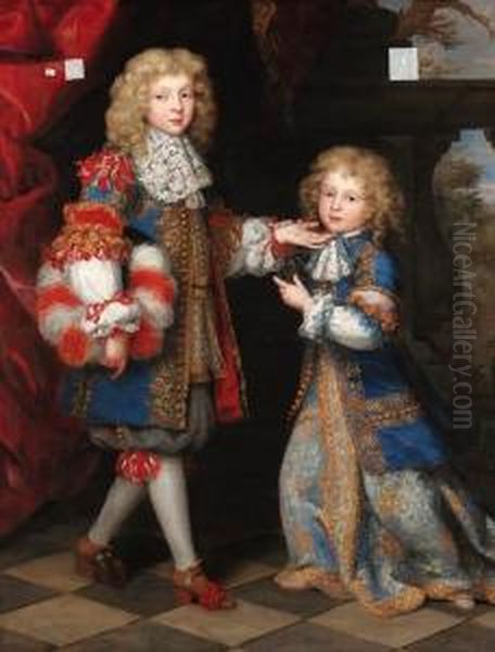 Portrait Of Two Brothers, 
Full-length, In Gold-embroidered Blue Frock Coats With Lace Collars, A 
Landscape Beyond Oil Painting by Henri Gascard