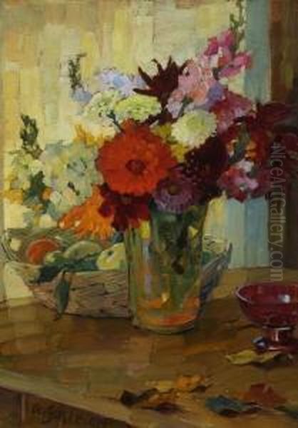 Herbstblumen Mit Obstkorb. Oil Painting by Anna Sophie Gasteiger