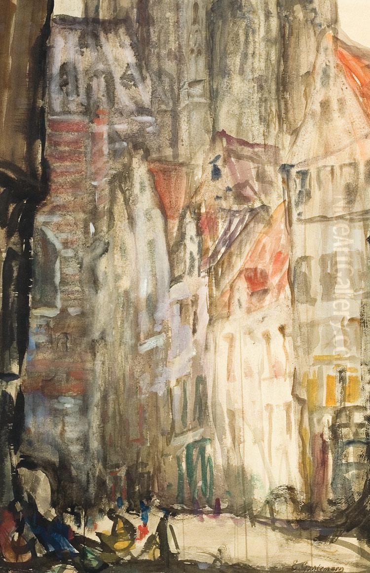 Straatje Aan Het Vleeshuis Te Antwerpen Oil Painting by Emiel Gastemans