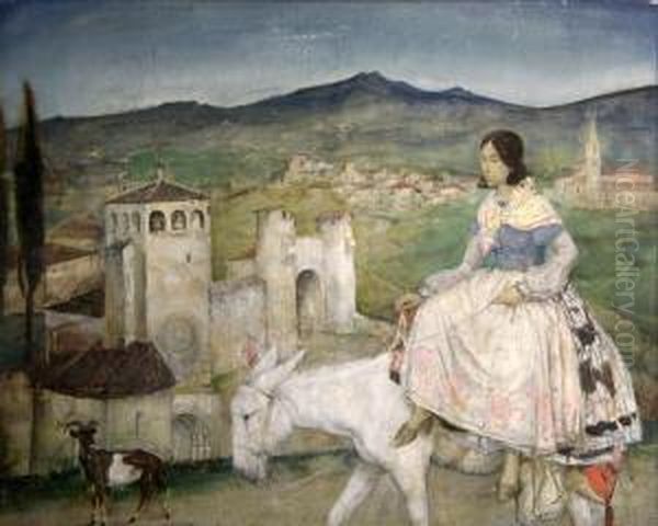 Dame Zittend Op Een Ezel Voor Een Spaanse Dorpspoort. Oil Painting by Emiel Gastemans