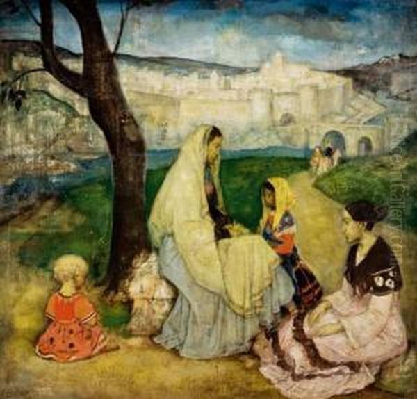 Famille Espagnole Devant La Ville D'avila Oil Painting by Emiel Gastemans