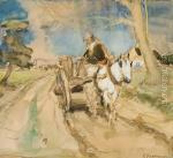 Cheval Tirant Une Charrette Sur Un Chemin Vicinal Oil Painting by Emiel Gastemans