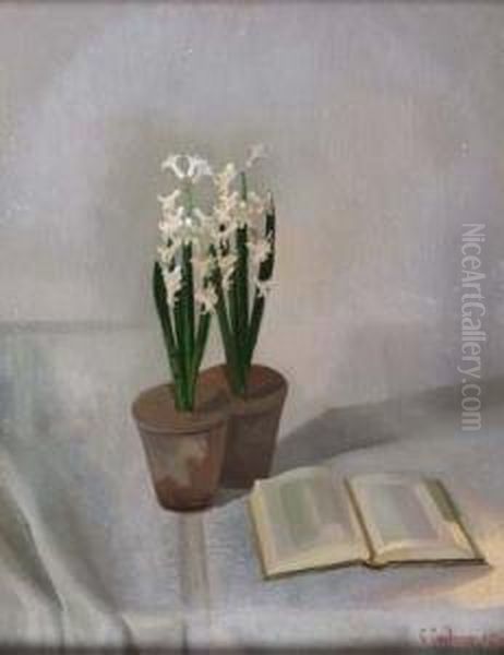 Natura Morta Con Libro E Vaso Di Giacinti Oil Painting by Pietro Gaudenzi