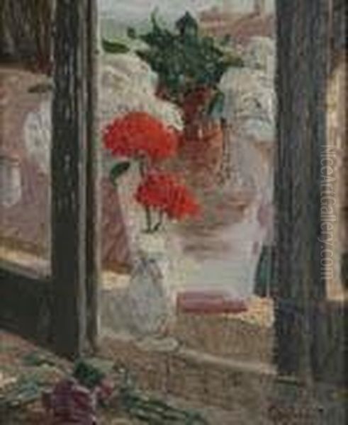 Vasi Di Fiori Sul Davanzale Oil Painting by Pietro Gaudenzi