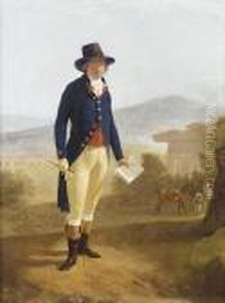 Portrait Of A Young Gentleman, 
Standing Small Full-length, In A Dark Blue Coat, Red Waistcoat And Buff 
Breeches, With A Brown Hat, Holding A Book And A Crop, A Groom With 
Horses Before A Ruined Temple And An Aquaduct In An Italianate Landscape
 Bey Oil Painting by Louis Gauffier