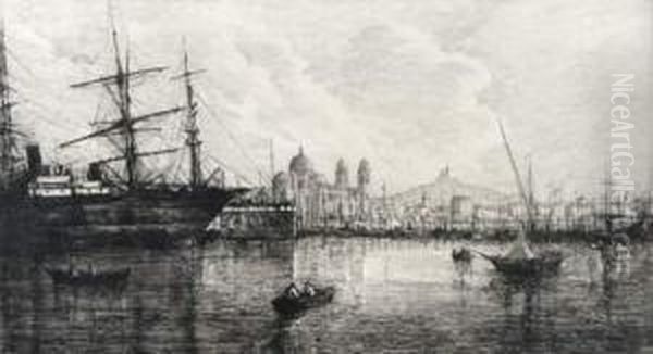 Le Bassin Des Messageries A Marseille Oil Painting by Lucien Marcelin Gautier