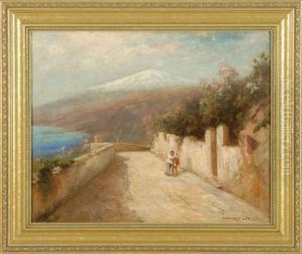 Walking Home, Depicting A Man 
And A Donkey Walking Uphill With Distant Mountain And Ocean Oil Painting by Edward B. Gay