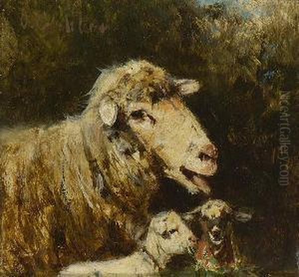 Mutterschaf Mit Zwei
 Lammern. Oil Painting by Friedrich Otto Gebler