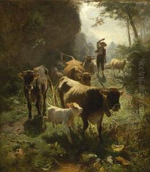 Junger Hirte Mit Rindern Und
 Schafen Auf Dem Waldweg. Oil Painting by Friedrich Otto Gebler