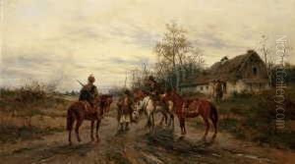 Pusztalandschaft Mit
 Reitern.

 Signiert Unten Rechts: L. Gedlek Wien.

 Ol Auf Leinwand. H 58; B Oil Painting by Ludwik Gedlek