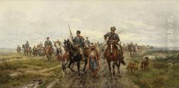 Kosaken Mit Turkischem Gefangenen
 Auf Dem Heimweg. Oil Painting by Ludwik Gedlek