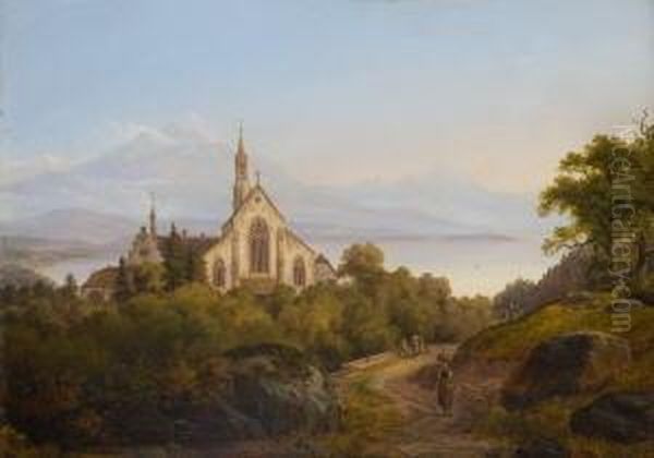 Blick Auf Eine Mittelalterliche
 Klosteranlage Uber Dem Vierwaldstatter See. Oil Painting by August Christian Geist