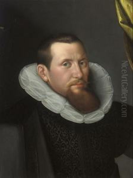 Portrait Of A Gentleman, 
Bust-length, In A Black Embroidereddoublet, Black Cloat And White Ruff Oil Painting by Gortzius Geldorp