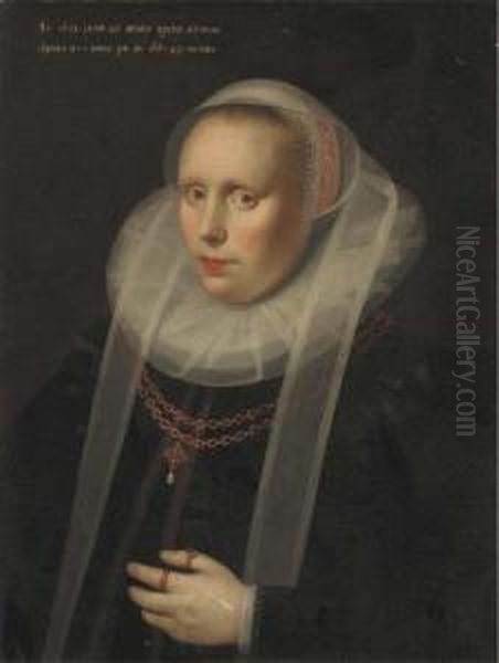Portrait Of A Lady, Half-length,
 In A Ruff Collar And A Black Silkdress, Wearing A Gold Chain Oil Painting by Gortzius Geldorp
