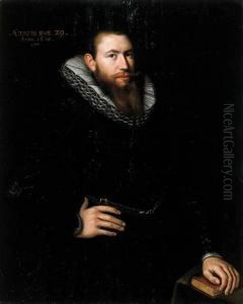 Ritratto Di Gentiluomo A Mezza 
Figura In Abito Nero, Con Colletto Agorgiera Presso Un Tavolo Con Un 
Breviario Oil Painting by Gortzius Geldorp
