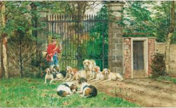 Le Depart Des Chiens Pour La 
Chasse [jules- Bertrand Gelibert And Gaston Gelibert, Dogs Waiting To Go
 Hunting, Watercolour On Paper Slighly Heightened With White, Signed Js 
And Gon Gelibert ] Oil Painting by Jules Bertrand Gelibert