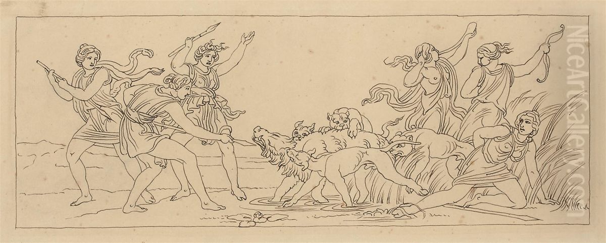 Psyche Fetching The Casket From 
Proserpine In Hades, From Ovid'smetamorphoses; And Diana And Her Nymphs 
Capturing A Wild Boar Oil Painting by Bonaventura Genelli