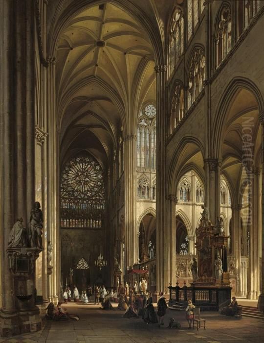 Interior Of The Amiens Cathedral With The Northern Transeptrose Oil Painting by Jules Victor Genisson