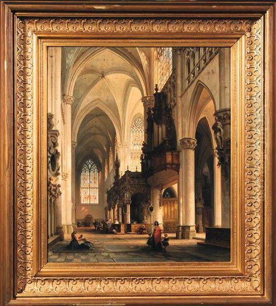 The Interior Of The St.gommarus 
Church, Lier, With Worshippers Atthe Alter, A Lady With Her Children 
Approaching A Beggar Woman Inthe Foreground Oil Painting by Jules Victor Genisson