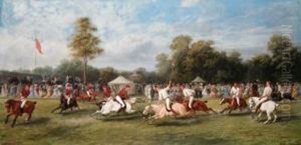 A Polo Match At Hurlingham 
Between The Royal Horse Guards (theblues) And The Monmouthshire Team, 
Played On 7 July 1878 Oil Painting by George Earl