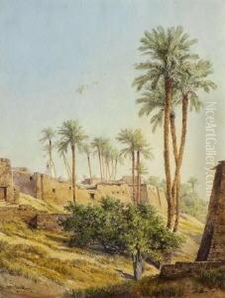 Wassertragerin Vor Einem
 Agyptischen Dorf. Oil Painting by Friedrich Otto Georgi