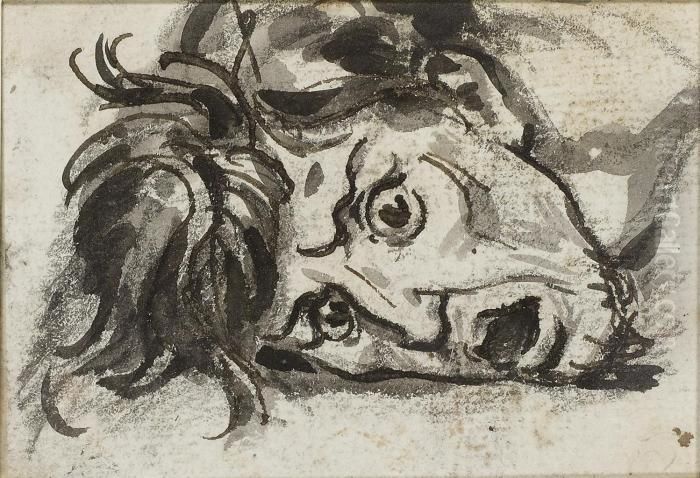 Tete D'homme, La Bouche Ouverte 
Et Les Yeux Ecarquilles (recto);femme Couronnee Assise, Les Bras Tendus 
En Avant (verso) Oil Painting by Baron Francois Gerard