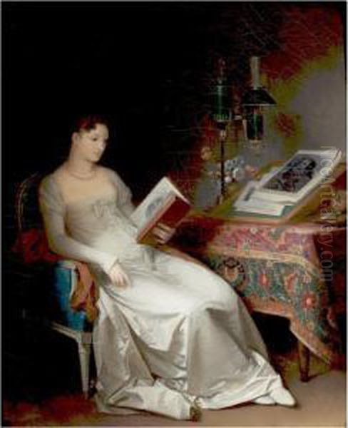 An Elegant Interior With A Lady 
Reading, A Lamp And Vase Of Flowers Together With A Lectern Resting On A
 Table Draped With A Tapestry Oil Painting by Marguerite Gerard