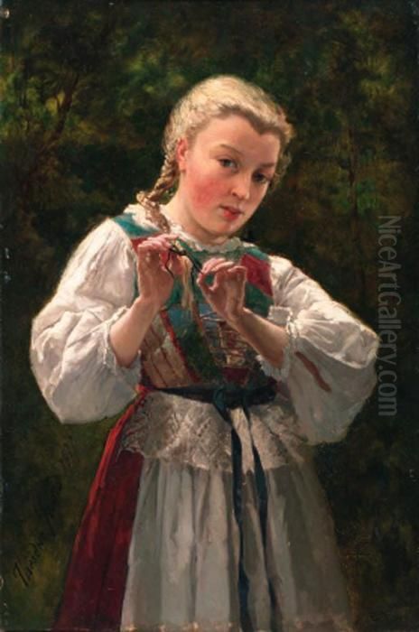 A Young Girl Braiding Her Hair Oil Painting by Theodore Gerard