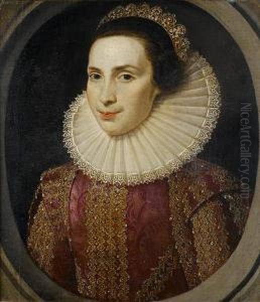 Portrait Of A Lady, Bust-length,
 In A Crimsonembroidered Dress With A White Lace Ruff And A Jewelled 
Headdress,within A Painted Stone Oval Oil Painting by Marcus Ii Gerards