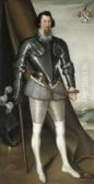 Portrait Of Sir John Needham, 
Full-length, In Half-armour With Agrey Doublet And Hose, A Sword On His 
Left And A Lance In His Righthand, With A Plumed Helmet Beside Him, 
Beside An Open Tent In Amountainous Landscape Oil Painting by Marcus Ii Gerards