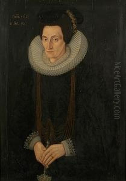 A Portrait Of Bridget, Lady 
Heveningham, Half Length, In Black Gown With Ruff And Lace Cuffs And 
Wearing Ornate Jewellery Oil Painting by Marcus Ii Gerards